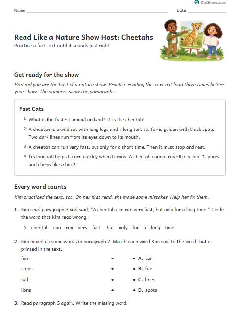 Read Like a Nature Show Host: Cheetahs worksheet preview