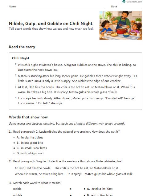 Nibble, Gulp, and Gobble on Chili Night worksheet preview