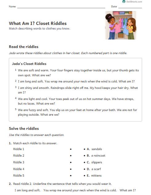 What Am I? Closet Riddles worksheet preview