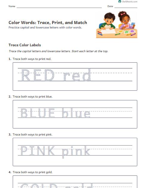 Color Words: Trace, Print, and Match worksheet preview