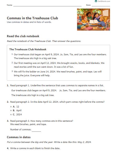 Commas in the Treehouse Club worksheet preview