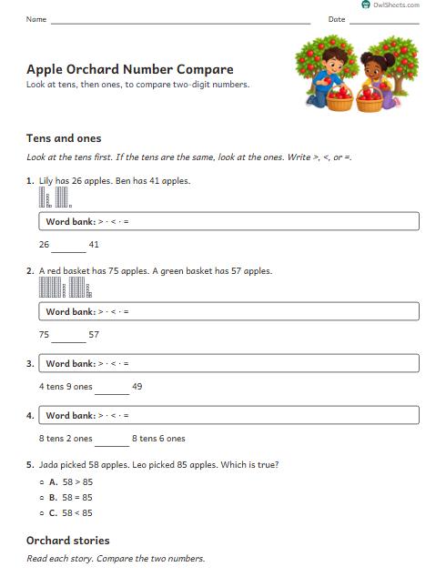Apple Orchard Number Compare worksheet preview