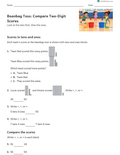 Beanbag Toss: Compare Two-Digit Scores worksheet preview