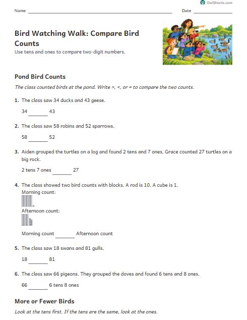 Bird Watching Walk: Compare Bird Counts worksheet preview