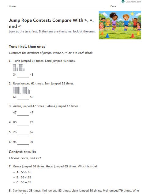 Jump Rope Contest: Compare With >, =, and < worksheet preview