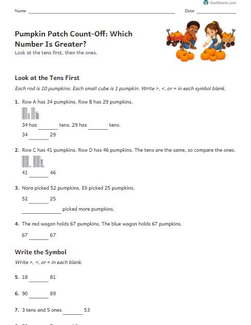 Pumpkin Patch Count-Off: Which Number Is Greater? worksheet preview