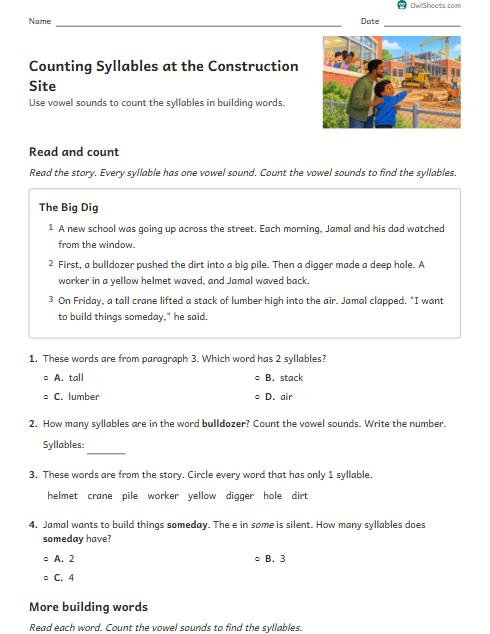 Counting Syllables at the Construction Site worksheet preview
