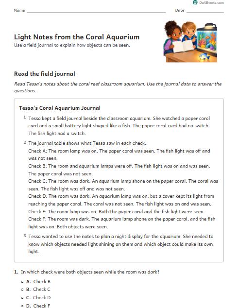 Light Notes from the Coral Aquarium worksheet preview
