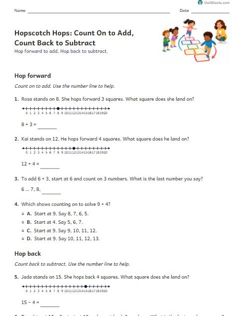 Hopscotch Hops: Count On to Add, Count Back to Subtract worksheet preview