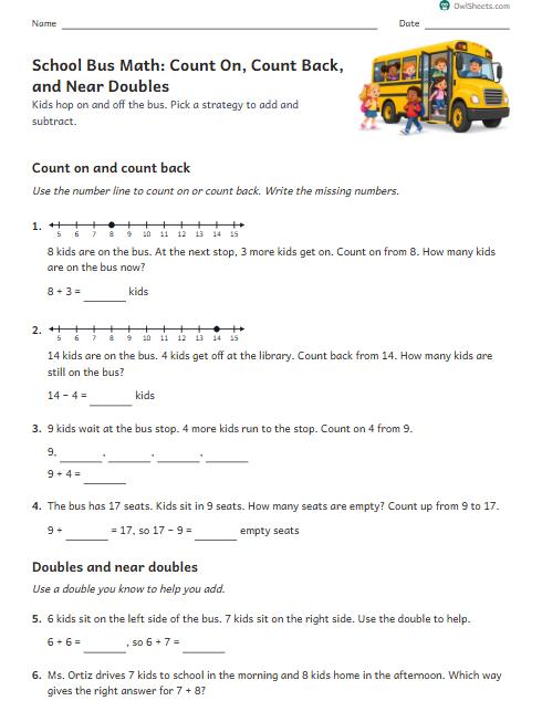 School Bus Math: Count On, Count Back, and Near Doubles worksheet preview