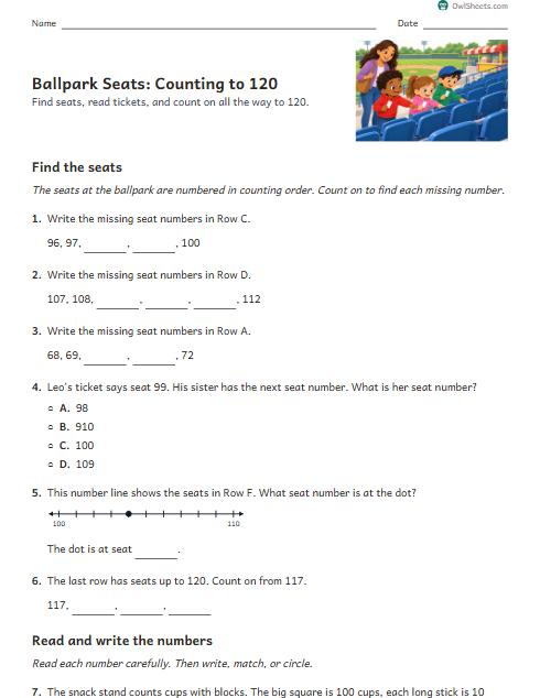 Ballpark Seats: Counting to 120 worksheet preview