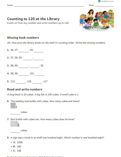 Counting to 120 at the Library worksheet preview