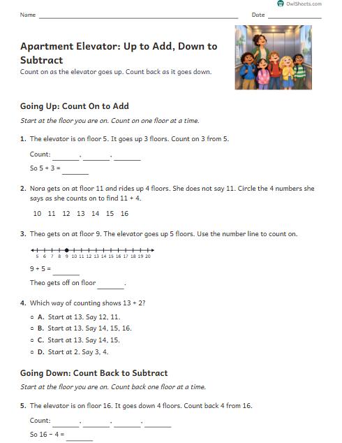 Apartment Elevator: Up to Add, Down to Subtract worksheet preview