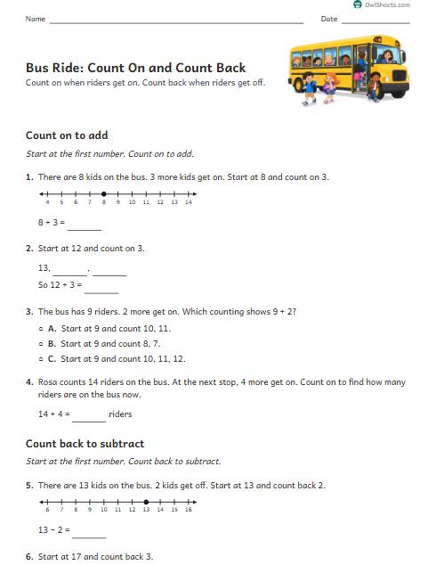Bus Ride: Count On and Count Back worksheet preview
