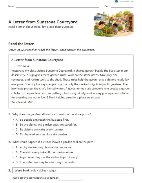 A Letter from Sunstone Courtyard worksheet preview