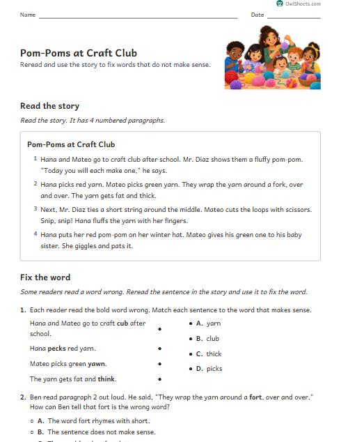 Pom-Poms at Craft Club worksheet preview