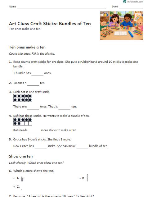 Art Class Craft Sticks: Bundles of Ten worksheet preview