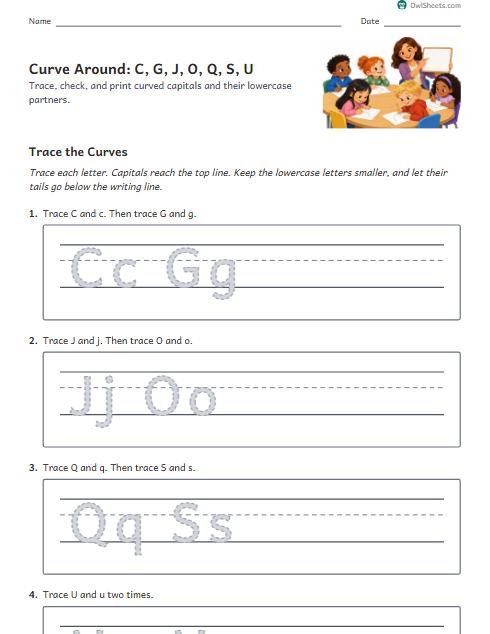 Curve Around: C, G, J, O, Q, S, U worksheet preview