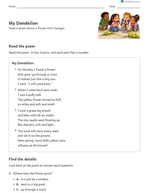 My Dandelion worksheet preview
