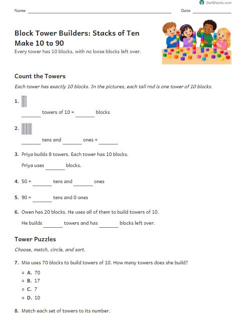 Block Tower Builders: Stacks of Ten Make 10 to 90 worksheet preview