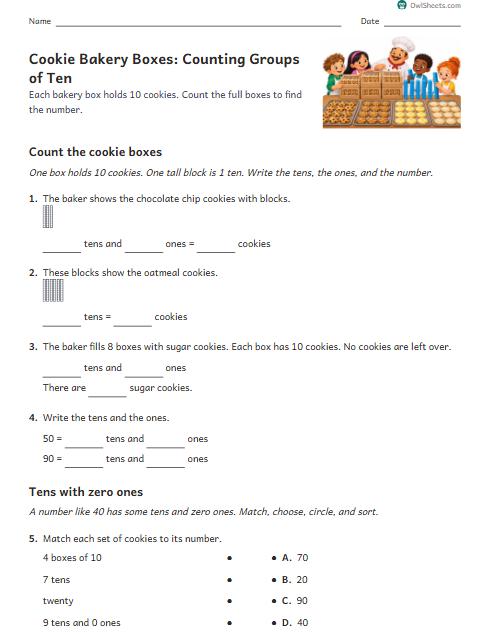 Cookie Bakery Boxes: Counting Groups of Ten worksheet preview