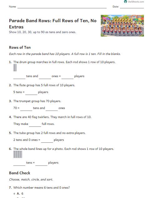 Parade Band Rows: Full Rows of Ten, No Extras worksheet preview
