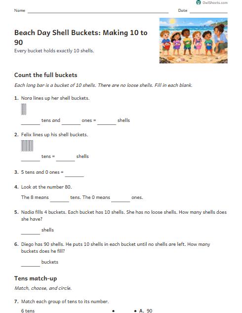 Beach Day Shell Buckets: Making 10 to 90 worksheet preview