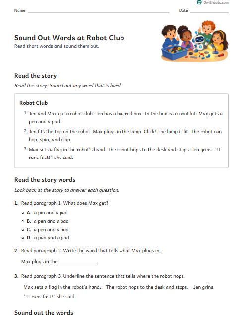Sound Out Words at Robot Club worksheet preview