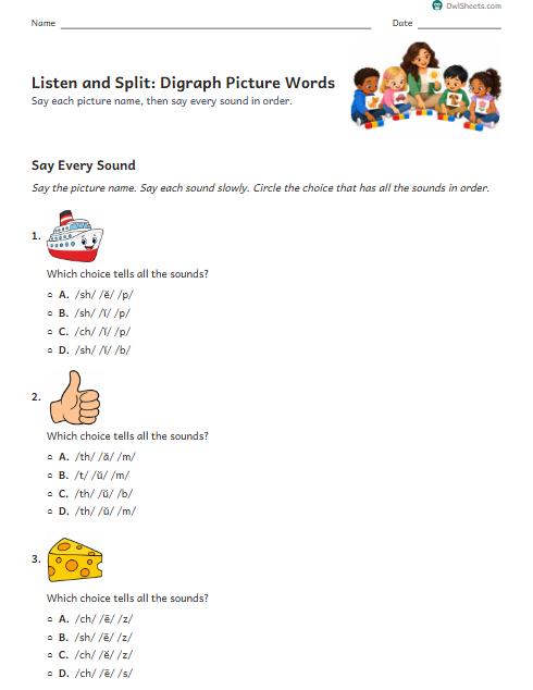 Listen and Split: Digraph Picture Words worksheet preview