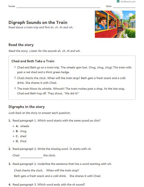 Digraph Sounds on the Train worksheet preview
