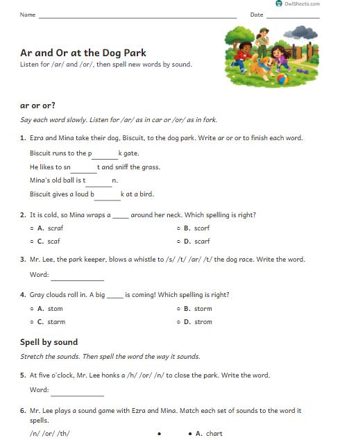 Ar and Or at the Dog Park worksheet preview