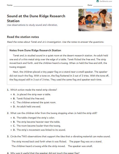 Sound at the Dune Ridge Research Station worksheet preview