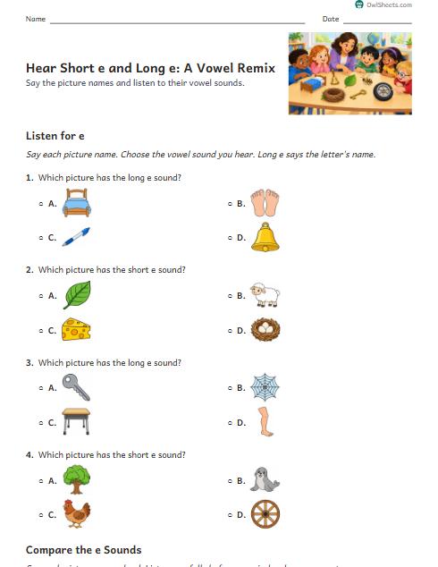 Hear Short e and Long e: A Vowel Remix worksheet preview