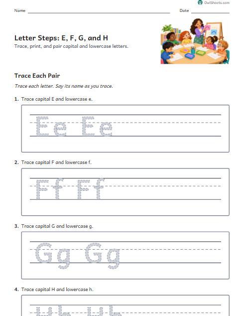 Letter Steps: E, F, G, and H worksheet preview