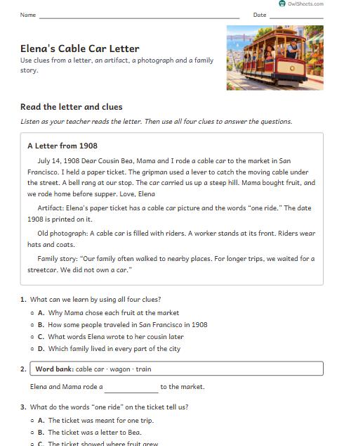 Elena's Cable Car Letter worksheet preview