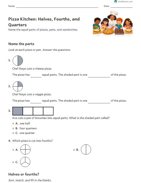 Pizza Kitchen: Halves, Fourths, and Quarters worksheet preview