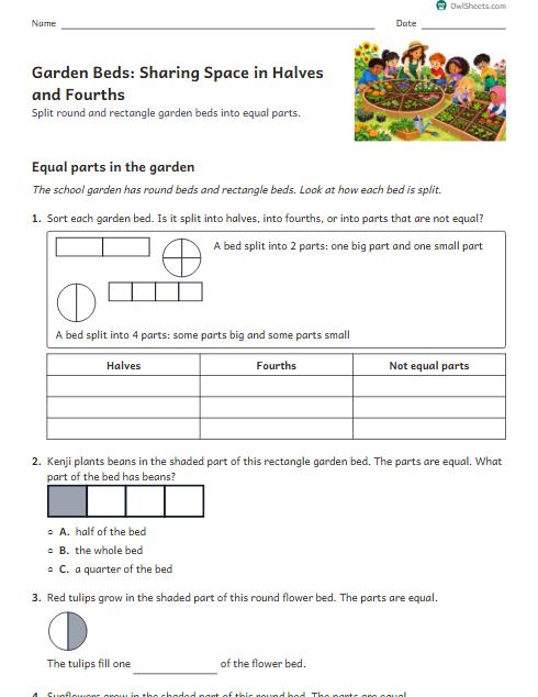 Garden Beds: Sharing Space in Halves and Fourths worksheet preview