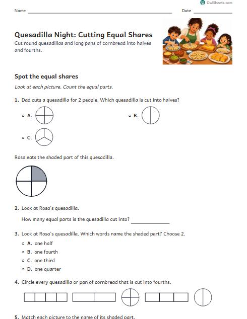 Quesadilla Night: Cutting Equal Shares worksheet preview