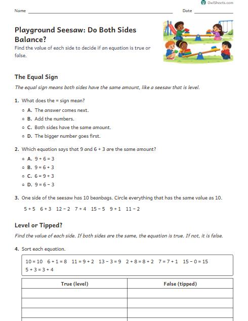Playground Seesaw: Do Both Sides Balance? worksheet preview