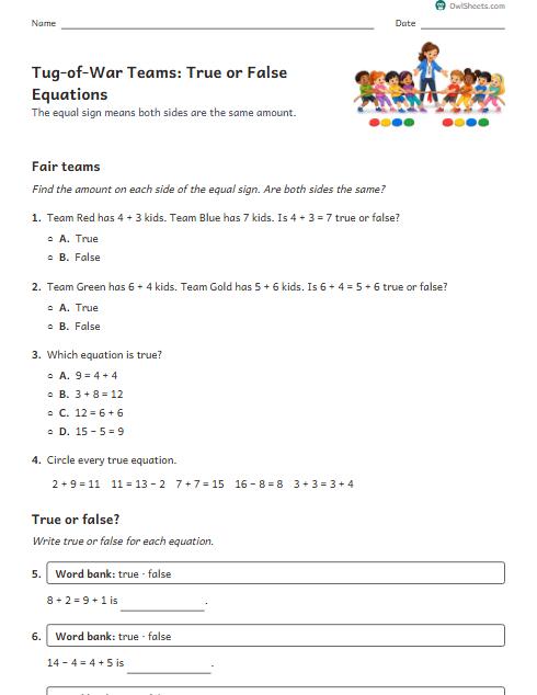 Tug-of-War Teams: True or False Equations worksheet preview