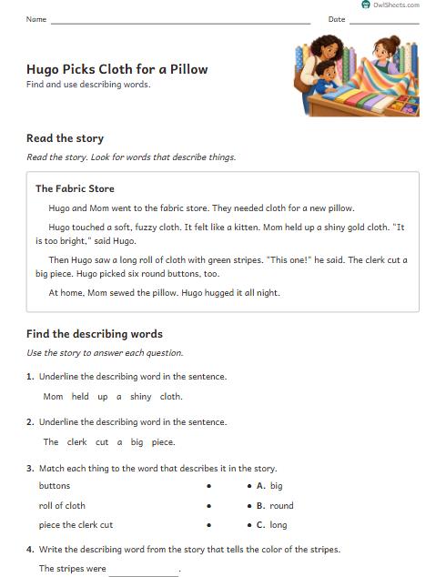 Hugo Picks Cloth for a Pillow worksheet preview
