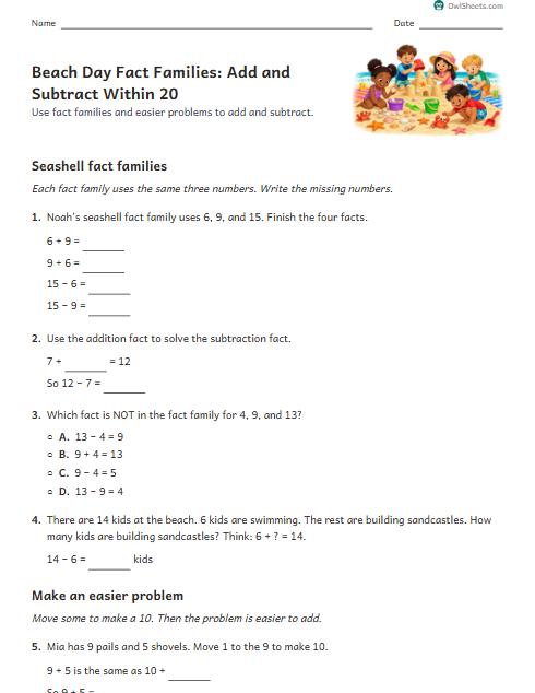 Beach Day Fact Families: Add and Subtract Within 20 worksheet preview