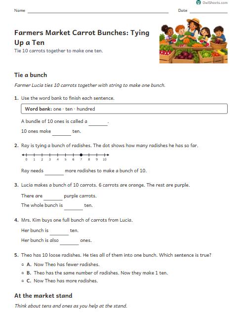 Farmers Market Carrot Bunches: Tying Up a Ten worksheet preview
