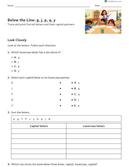 Below the Line: g, j, p, q, y worksheet preview