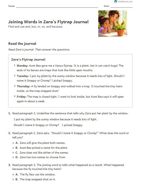 Joining Words in Zara's Flytrap Journal worksheet preview