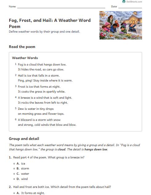 Fog, Frost, and Hail: A Weather Word Poem worksheet preview