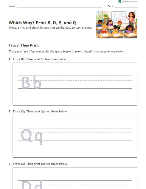 Which Way? Print B, D, P, and Q worksheet preview