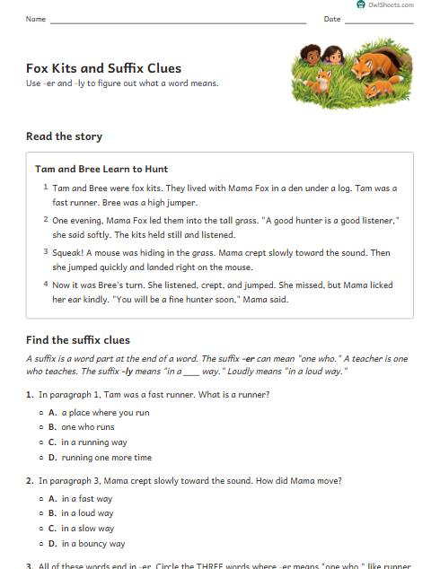 Fox Kits and Suffix Clues worksheet preview