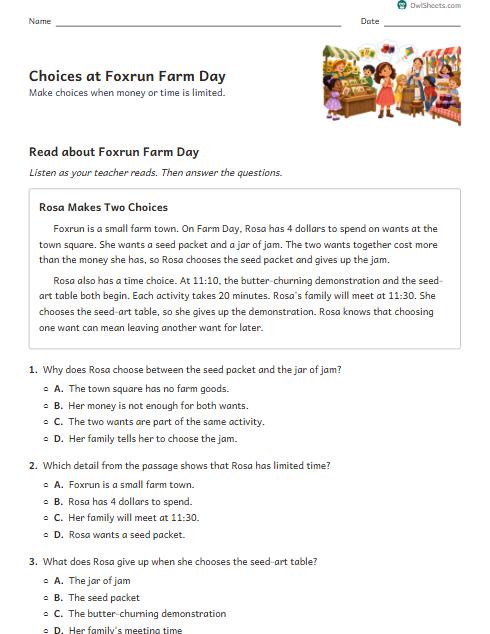 Choices at Foxrun Farm Day worksheet preview