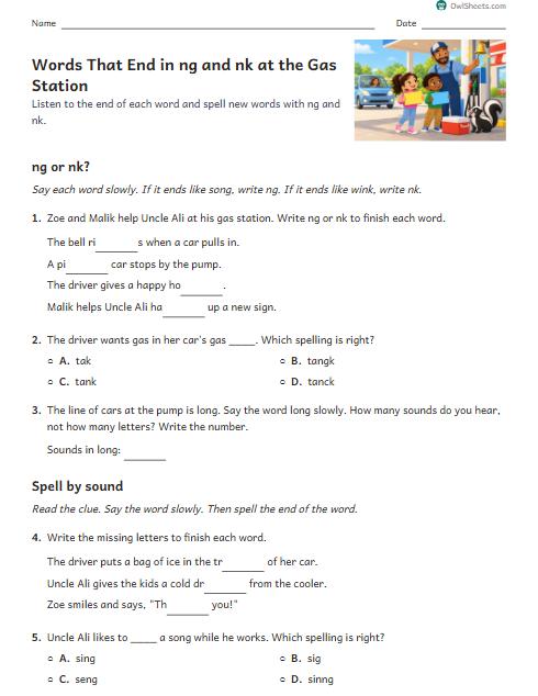 Words That End in ng and nk at the Gas Station worksheet preview